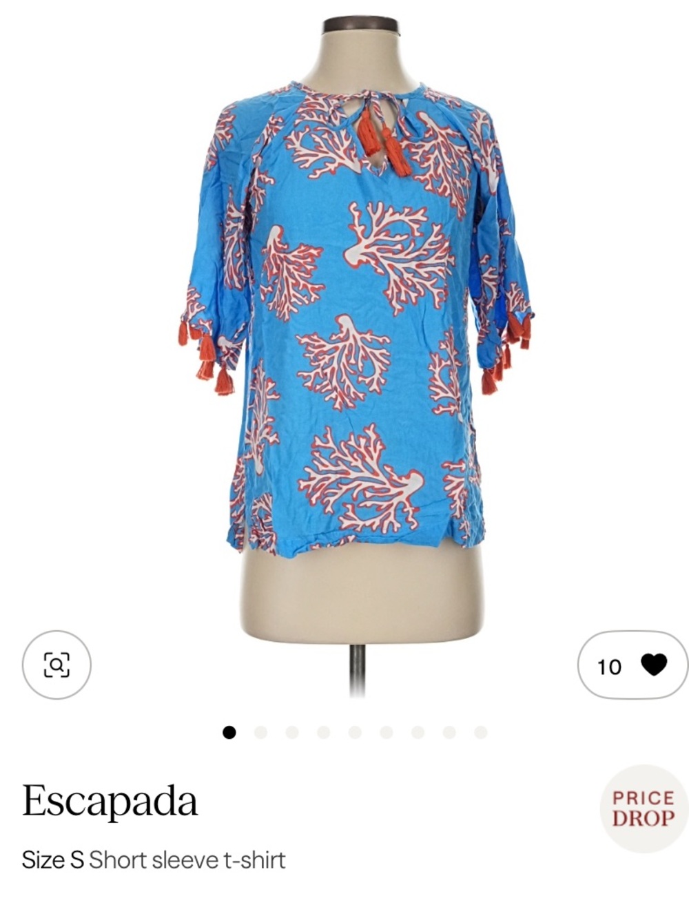 Escapeda Turquoise Coral-Print Short Sleeve Top / Cover Up with Tassels